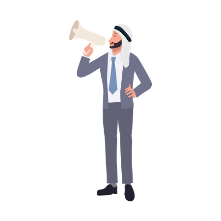 Arab Businessman's Loud Marketing Communication Using Megaphone for Announcement  Illustration