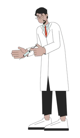 Arab White Coat Doctor Holding Syringe 2 D Linear Cartoon Character Middle Eastern Bearded Man In Labcoat Isolated Line Vector Person White Background Professional Medic Color Flat Spot Illustration Illustration