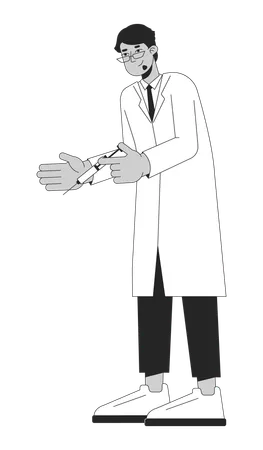Arab White Coat Doctor Holding Syringe Black And White 2 D Line Cartoon Character Middle Eastern Bearded Man Labcoat Isolated Vector Outline Person Professional Monochromatic Flat Spot Illustration Illustration