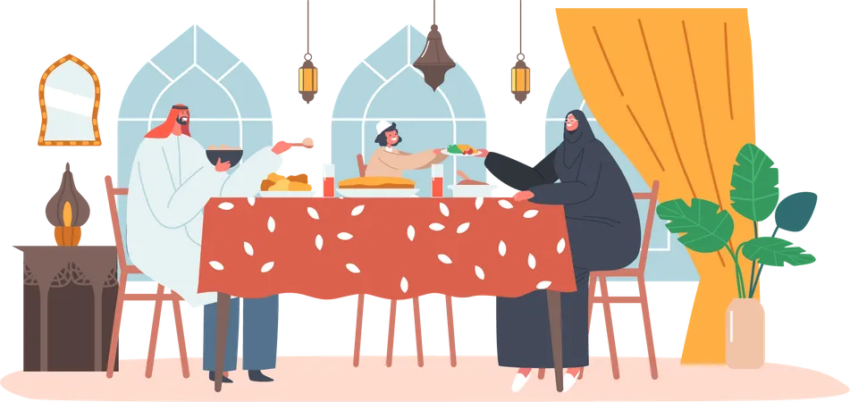 Arab Family Having Dinner Together at Table Illustration