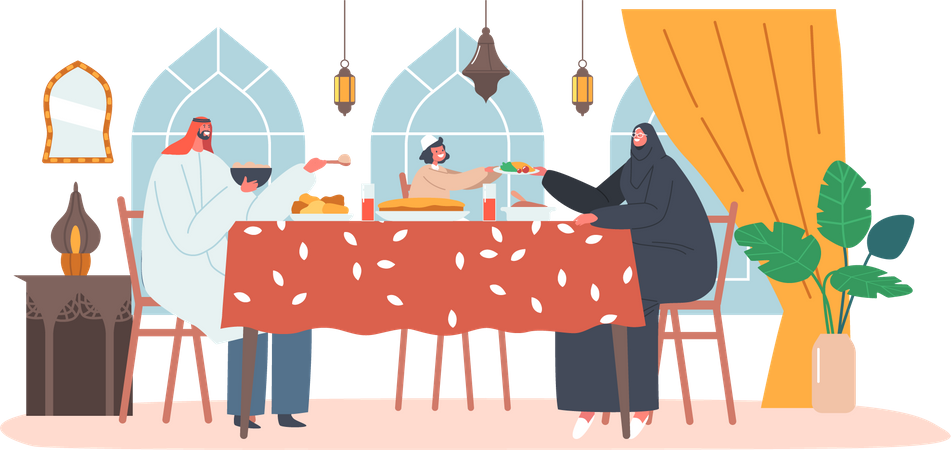 Arab Family Having Dinner Together at Table  Illustration