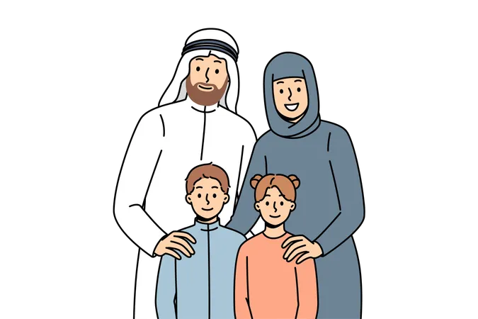 Arab family of man in sheikh robe and woman in hijab standing with two teenage children  Illustration