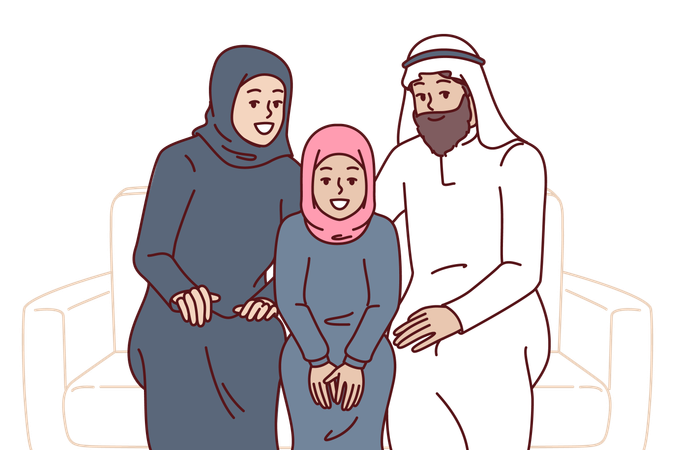 Arab family sits on sofa together  Illustration