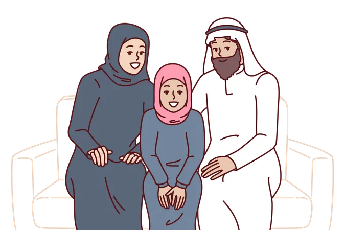 Arab Family Sits On Sofa Together With Daughter Dressed In Islamic Clothing Hijab Or Kandura Arab People Smiling Posing On Couch And Inviting To Visit Saudi Arabia Or Qatar With Tourist Trip Illustration
