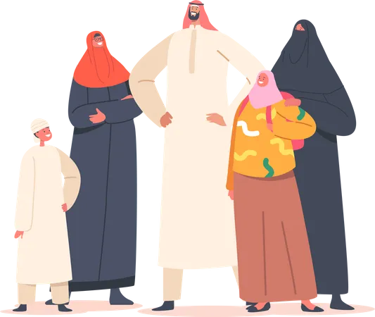 Traditional Arab Family Parents And Children Characters Saudi People Wear National Clothes Thawb Or Kandura And Hijab Or Abaya Muslim Culture Arabian Personages Cartoon Vector Illustration Illustration