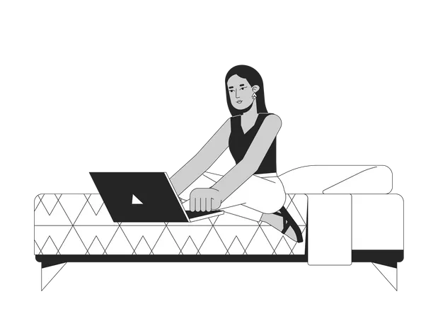 Arab Female Student Studying In Bed Flat Line Black White Vector Character Editable Outline Full Body Person Student Studying At Home Simple Cartoon Isolated Spot Illustration For Web Design Illustration