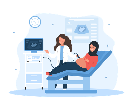 Arab girl with belly looking in monitor  Illustration