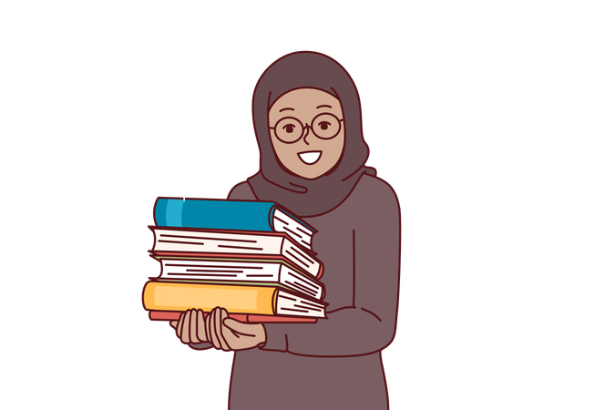 Arab little girl in hijab holds religious books in hands  Illustration