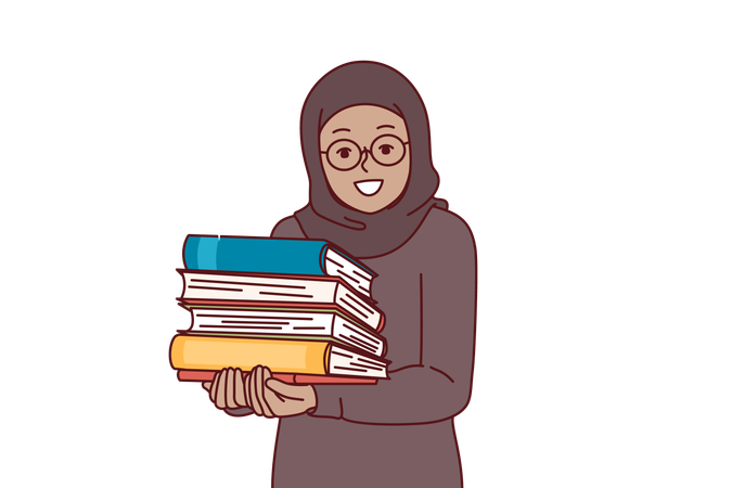 Arab little girl in hijab holds religious books in hands  일러스트레이션