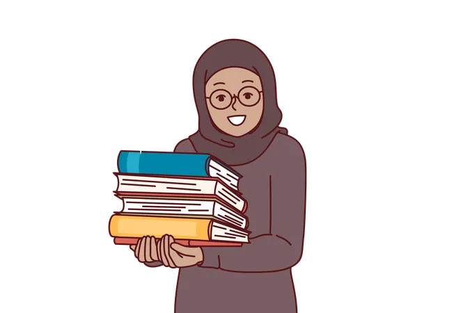 Arab Little Girl In Hijab Holds Religious Books With Prayers In Hands And Looks At Screen With Smile Arab Child Studying In Religious School And Reading Textbooks To Learn More About Islamic Religion 일러스트레이션