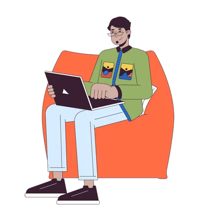 Arab Male With Laptop Sitting In Beanbag Chair 2 D Linear Cartoon Character Man Working On Computer Isolated Line Vector Person White Background Comfortable Work Color Flat Spot Illustration Illustration