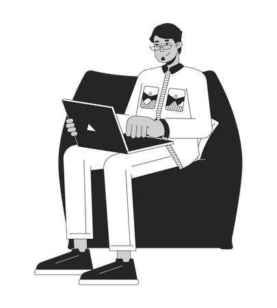 Arab male with laptop sitting in beanbag chair  Illustration