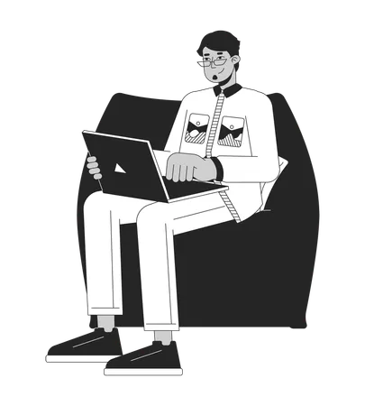 Arab Male With Laptop Sitting In Beanbag Chair Black And White 2 D Line Cartoon Character Man Working On Computer Isolated Vector Outline Person Comfortable Work Monochromatic Flat Spot Illustration Illustration