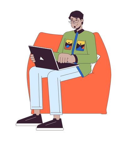 Arab male with laptop sitting in beanbag chair  Illustration