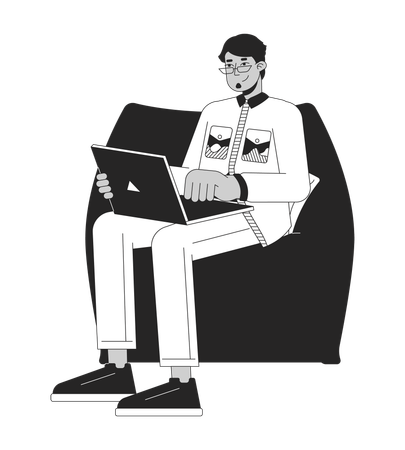 Arab male with laptop sitting in beanbag chair  Illustration