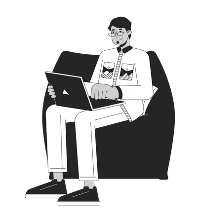 Arab male with laptop sitting in beanbag chair  Illustration