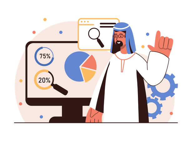 Arab man analyzes SEO data  Illustration