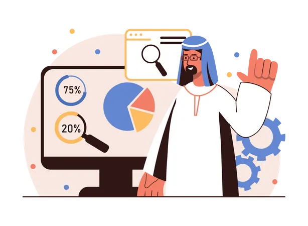 Arab man analyzes SEO data  Illustration