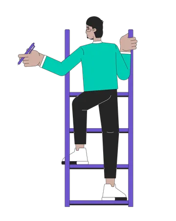 Arab Man Climbing Ladder Holding Pen 2 D Linear Cartoon Character Middle Eastern Guy Eyeglasses Isolated Line Vector Person White Background Moving Up Progression Color Flat Spot Illustration イラスト