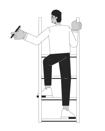 Arab Man Climbing Ladder Holding Pen Black And White 2 D Line Cartoon Character Middle Eastern Guy Eyeglasses Isolated Vector Outline Person Moving Up Progression Monochromatic Flat Spot Illustration イラスト