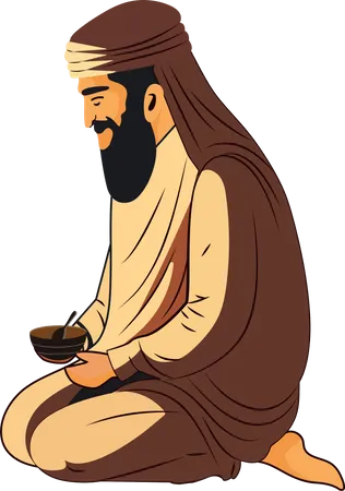 Arab Man Holding Bowl With Spoon Icon In Sitting Pose Illustration