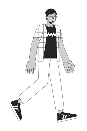 Arab Man In Eyeglasses Walking Flat Line Black White Vector Character Editable Outline Full Body Person Glasses Arabic Male Smiling Simple Cartoon Isolated Spot Illustration For Web Graphic Design Illustration
