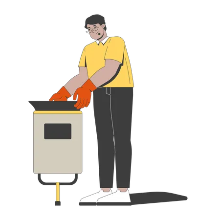 Arab man in gloves removing trash bag from waste bin  Illustration