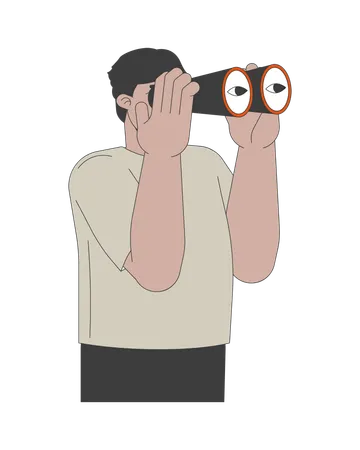 双眼鏡を覗くアラブ人 2 D 線形漫画キャラクター。光学機器を持つ中東の男性、孤立した線ベクトル人物、白い背景。観測カラー フラット スポットのイラスト イラスト