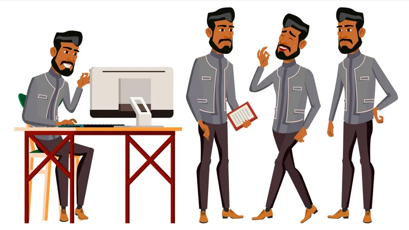 Arab Man Office Worker Vector Business Set Face Emotions Various Gestures Animated Elements Scene Arabic Business Worker Career Professional Workman Officer Clerk Illustration Illustration