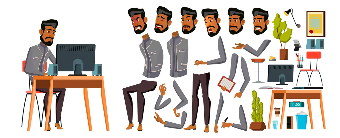 Arab Man Office Worker Vector Animation Creation Set Generator Emotions Animated Elements Gestures Business Human Muslim In Traditional Clothes Saudi Emirates Illustration Illustration