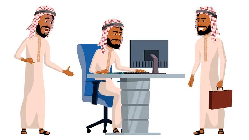 Arab Man Office Worker Working Gesture Illustration