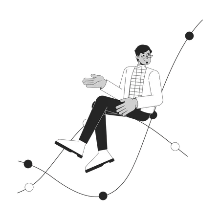 Arab Man Sitting On Chart Waves Black And White 2 D Line Cartoon Character Middle Eastern Male Isolated Vector Outline Person Eyeglasses Business Guy Gesturing Monochromatic Flat Spot Illustration Illustration