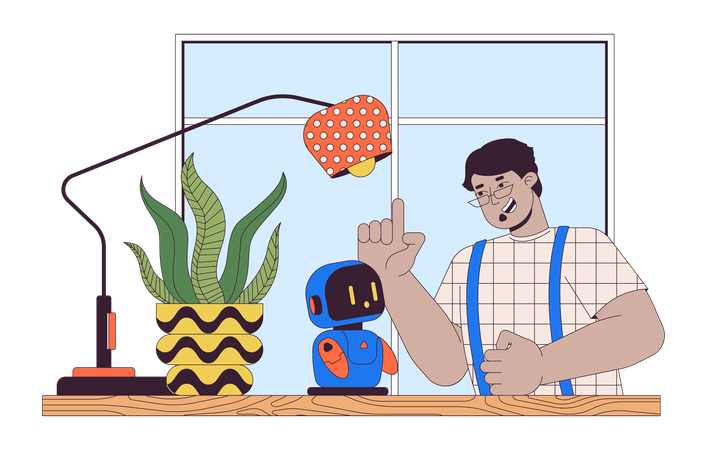 Arab man talking to small robotic friend  Illustration