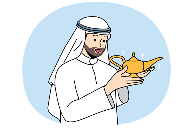 Arab man with aladdin lamp in hands makes wish  Illustration