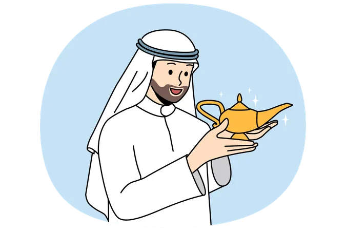 Arab man with aladdin lamp in hands makes wish  Illustration