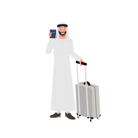 Arab man with luggage on airport showing his passport  Illustration