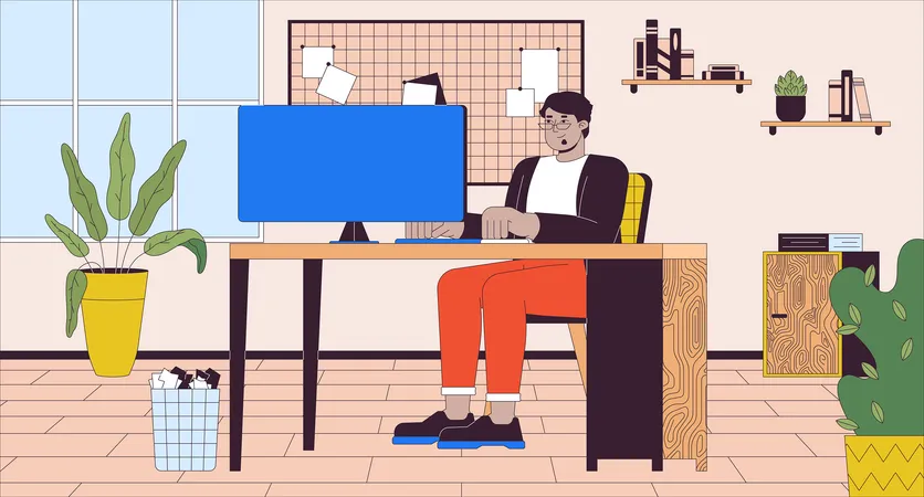 Arab man with obesity working in office  Illustration