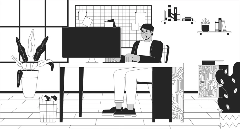 Arab Man With Obesity Working In Office Black And White Line Illustration Plus Sized Middle Eastern Male At Computer 2 D Character Monochrome Background Workplace Outline Scene Vector Image Illustration