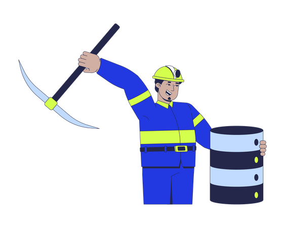 Arab miner with pickaxe extracting insights from database server  Illustration
