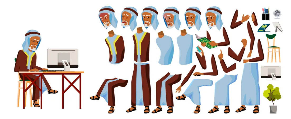 Arab Old Man Working In Office Illustration