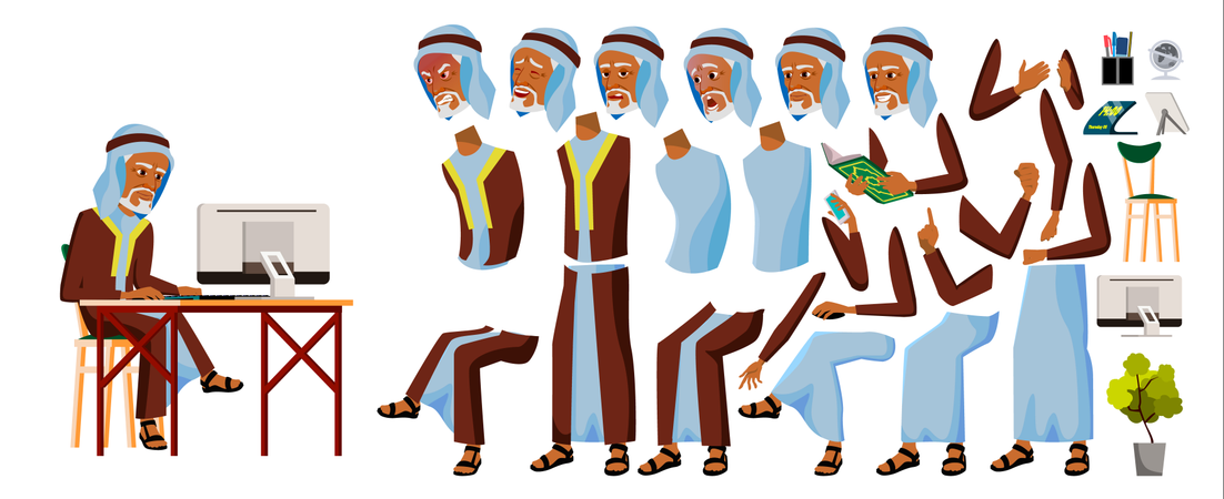 Arab Old Man Working In Office  Illustration