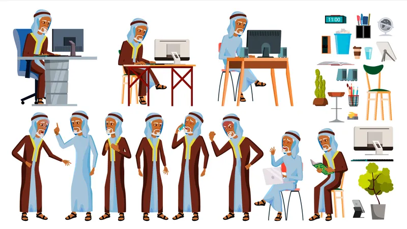Arab Old Man Working In Office On Desk  Illustration