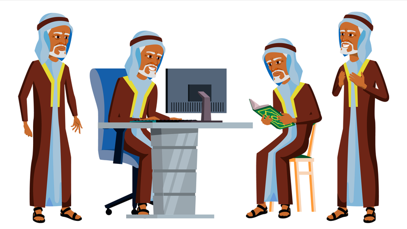 Arab Old Man Working In Office On Desk  Illustration