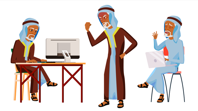 Arab Old Man Working In Office With Different Working Gesture  Illustration