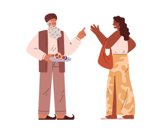 Arab vendor bargaining with female tourist customer  Illustration