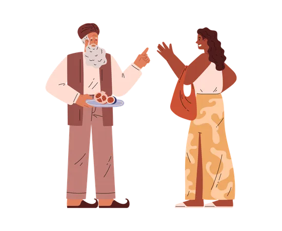 Arab vendor bargaining with female tourist customer  Illustration