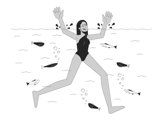 Arab Woman Drowning In River Black And White Cartoon Flat Illustration Young Female Going Under Water 2 D Lineart Character Isolated Dangerous Situation Monochrome Scene Vector Outline Image Illustration