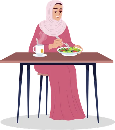 Arab woman eating salad with hot tea  Illustration