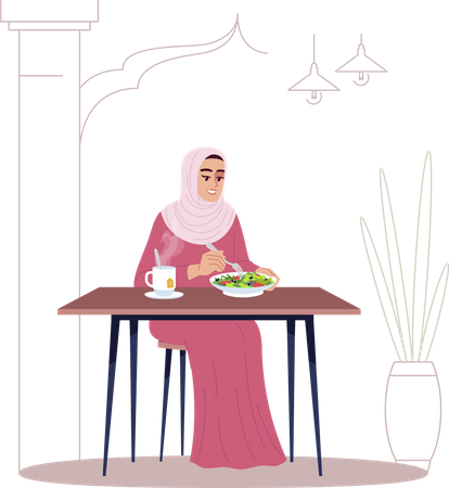 Arab woman eating salad with hot tea  Illustration