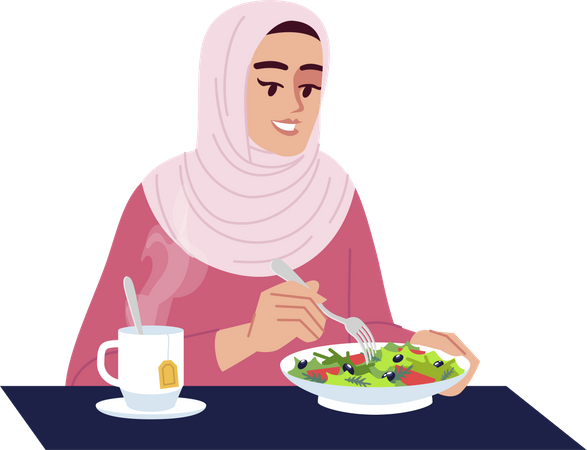 Arab woman eating salad with hot tea  Illustration